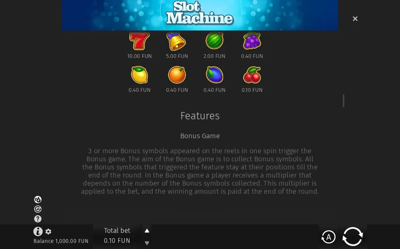 Paytable des fruits jusqu'à 10,00 FUN, suivie du texte de la fonction Bonus Game.
